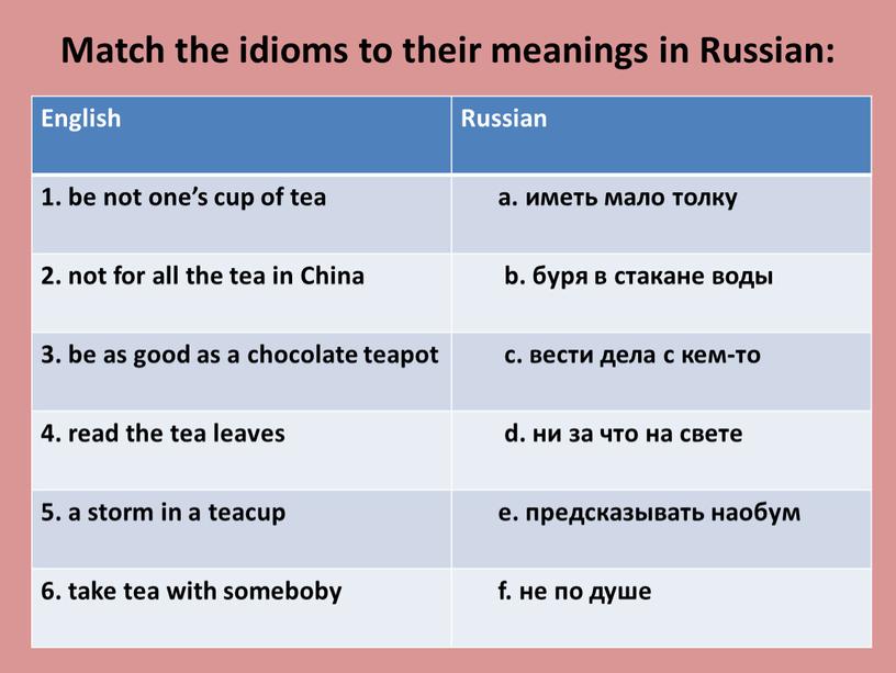 Match the idioms to their meanings in