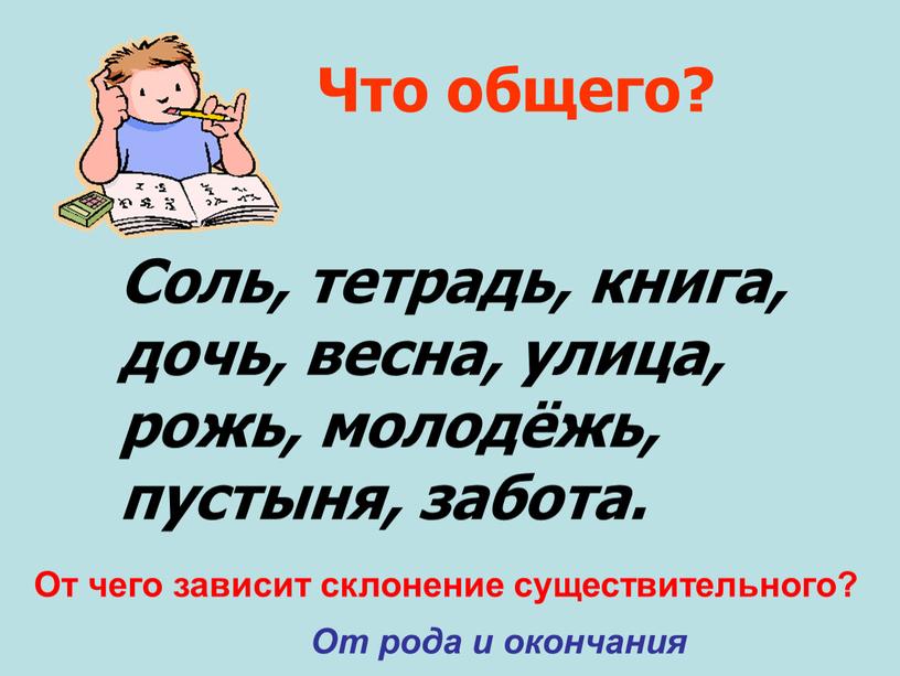 Что общего? Соль, тетрадь, книга, дочь, весна, улица, рожь, молодёжь, пустыня, забота