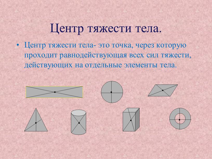 Центр тяжести тела. Центр тяжести тела- это точка, через которую проходит равнодействующая всех сил тяжести, действующих на отдельные элементы тела