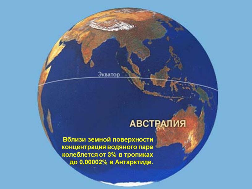 Вблизи земной поверхности концентрация водяного пара колеблется от 3% в тропиках до 0,00002% в