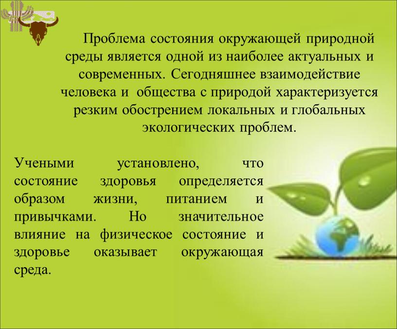Проблема состояния окружающей природной среды является одной из наиболее актуальных и современных