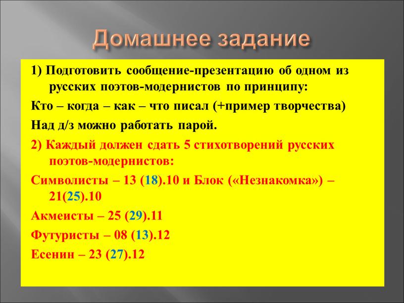 Домашнее задание 1) Подготовить сообщение-презентацию об одном из русских поэтов-модернистов по принципу: