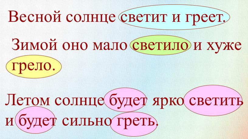 Весной солнце светит и греет. Зимой оно мало светило и хуже грело