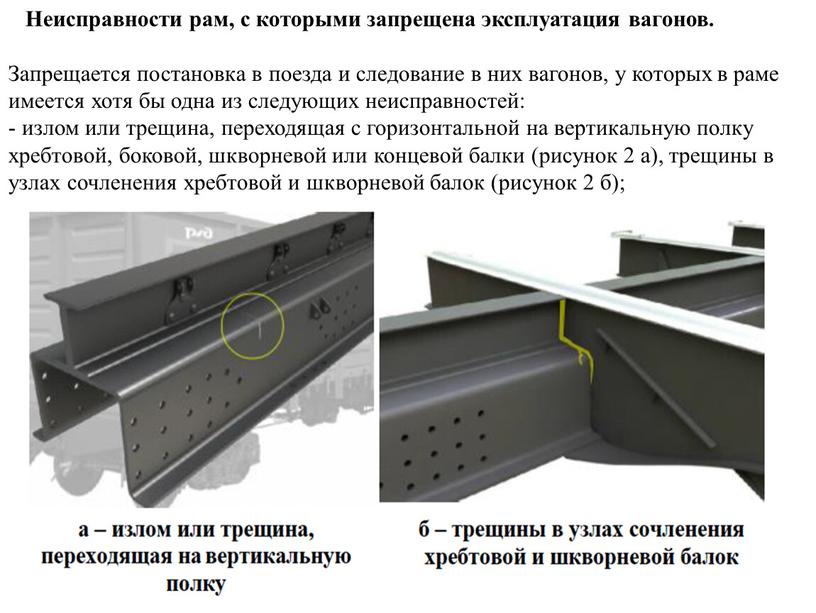 Неисправности рам, с которыми запрещена эксплуатация вагонов