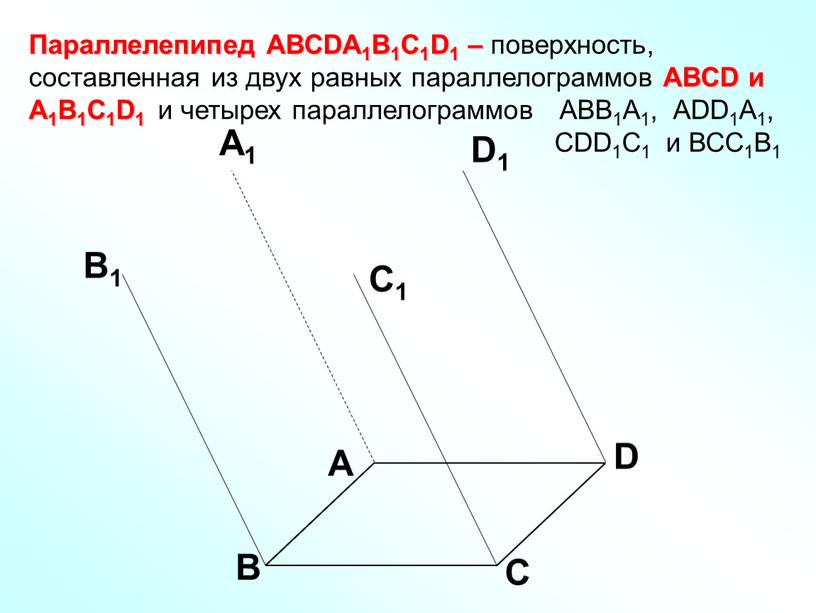 Параллелепипед АВСDA1B1C1D1 – поверхность, составленная из двух равных параллелограммов