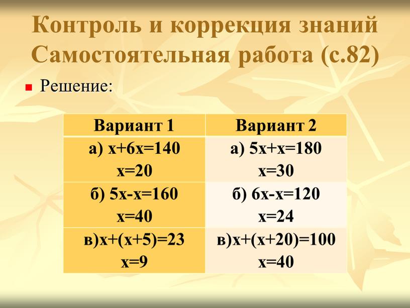 Контроль и коррекция знаний Самостоятельная работа (с