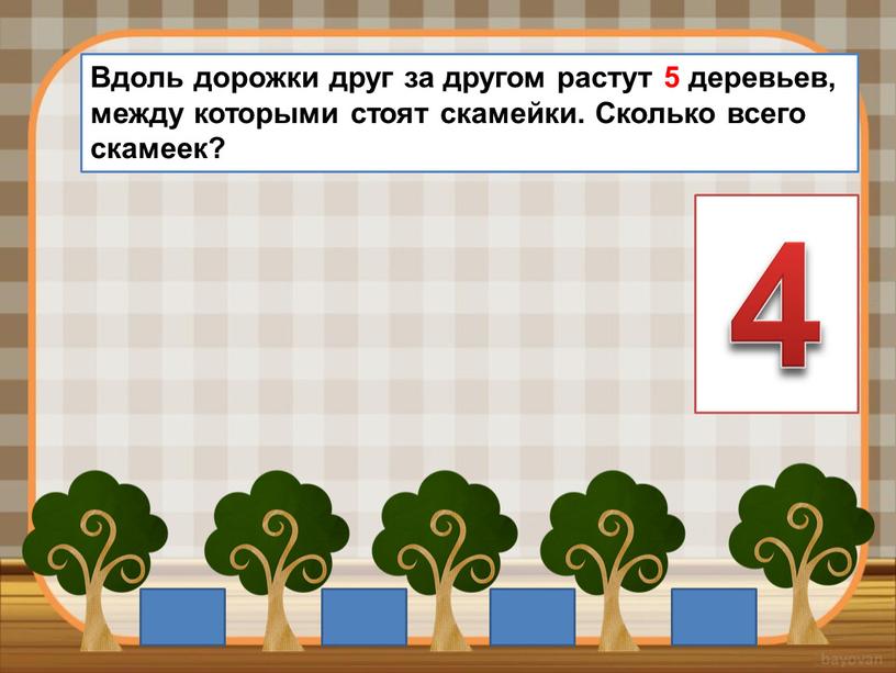 Вдоль дорожки друг за другом растут 5 деревьев, между которыми стоят скамейки