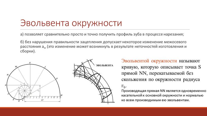 Эвольвента окружности а) позволяет сравнительно просто и точно получить профиль зуба в процессе нарезания; б) без нарушения правильности зацепления допускает некоторое изменение межосевого расстояния aw…