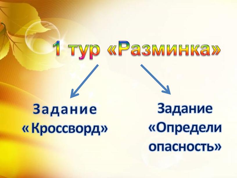 Разминка» Задание «Кроссворд» Задание «Определи опасность»