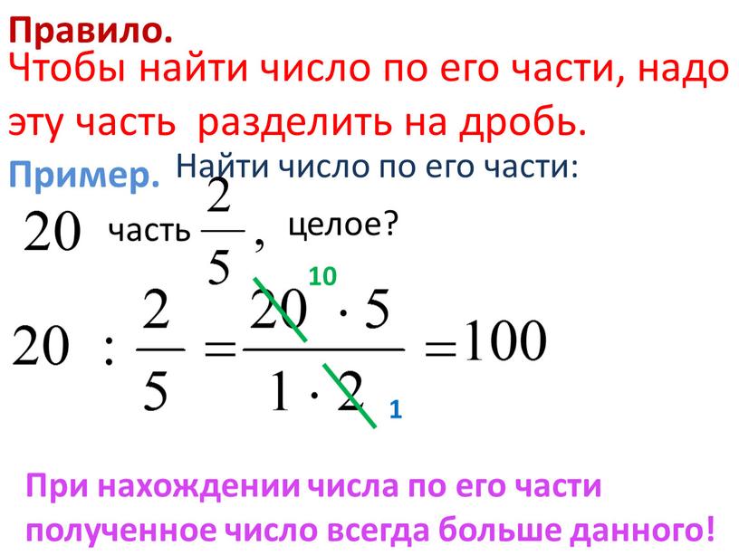 Правило. Чтобы найти число по его части, надо эту часть разделить на дробь