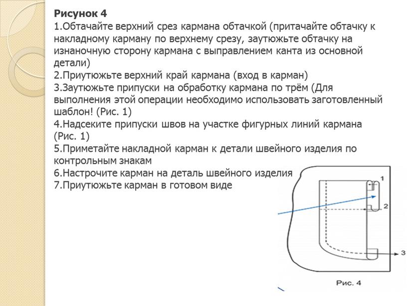 Рисунок 4 Обтачайте верхний срез кармана обтачкой (притачайте обтачку к накладному карману по верхнему срезу, заутюжьте обтачку на изнаночную сторону кармана с выправлением канта из…