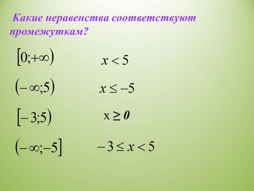 Какие неравенства соответствуют промежуткам? х ≥ 0