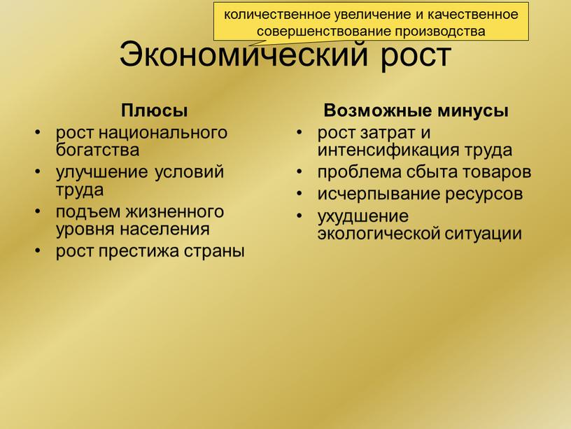 Экономический рост Плюсы рост национального богатства улучшение условий труда подъем жизненного уровня населения рост престижа страны