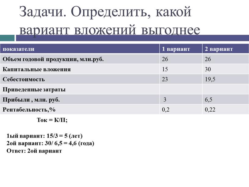 Задачи. Определить, какой вариант вложений выгоднее показатели 1 вариант 2 вариант