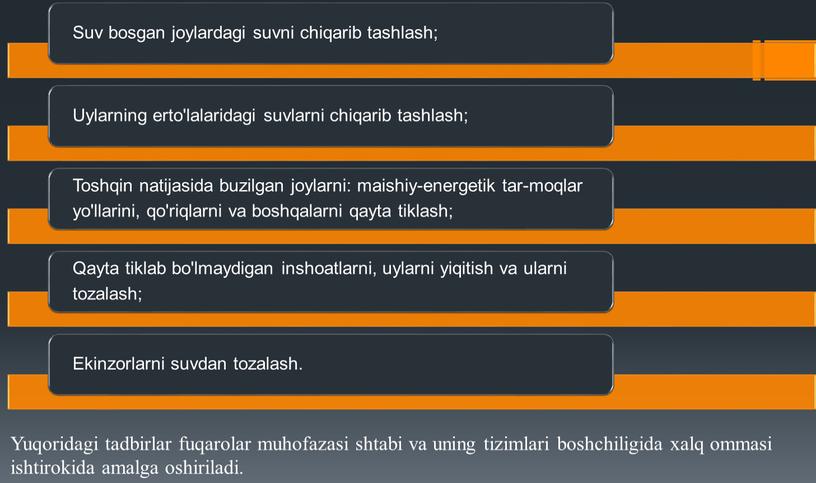 Yuqoridagi tadbirlar fuqarolar muhofazasi shtabi va uning tizimlari boshchiligida xalq ommasi ishtirokida amalga oshiriladi