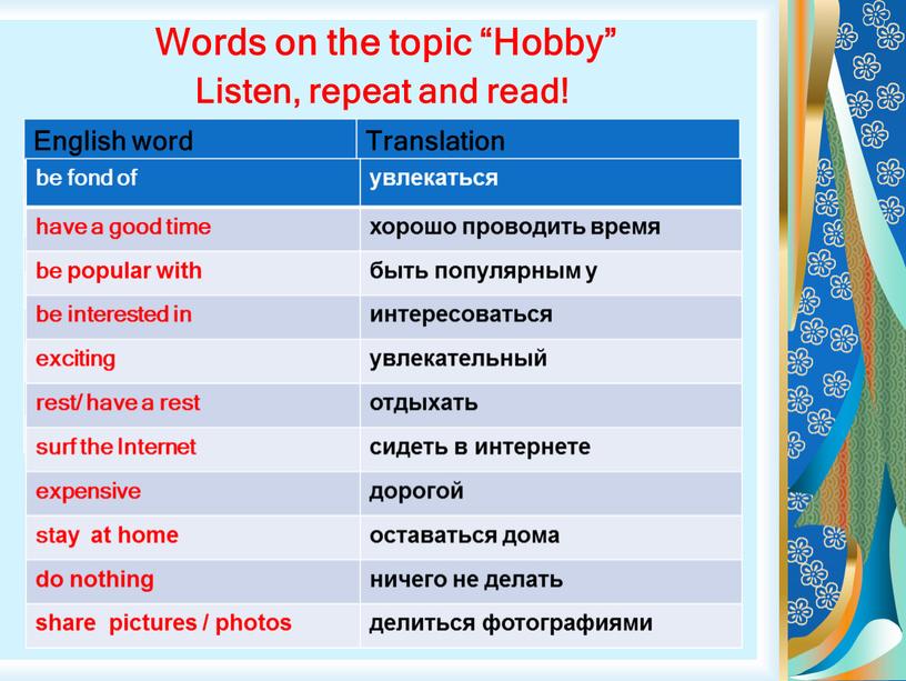 Words on the topic “Hobby” Listen, repeat and read!