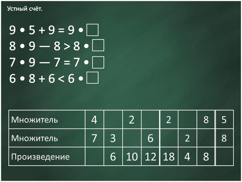 Устный счёт. 9 • 5 + 9 = 9 • 8 • 9 — 8 > 8 • 7 • 9 — 7 = 7…