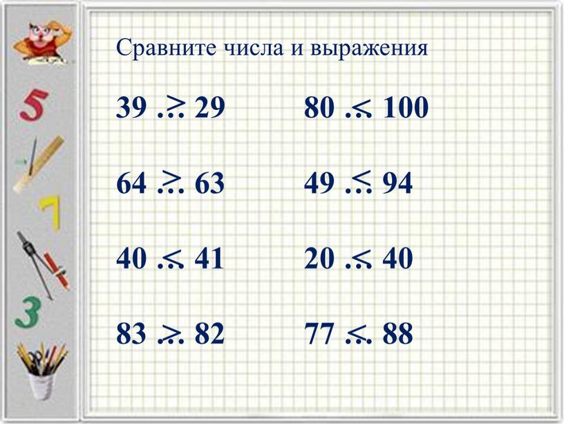 Сравните числа и выражения 39 … 29 80 … 100 64 … 63 49 … 94 40 … 41 20 … 40 83 … 82…