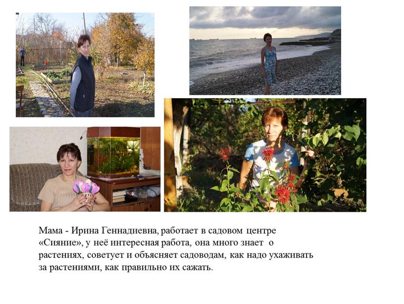 Мама - Ирина Геннадиевна, работает в садовом центре «Сияние», у неё интересная работа, она много знает о растениях, советует и объясняет садоводам, как надо ухаживать…