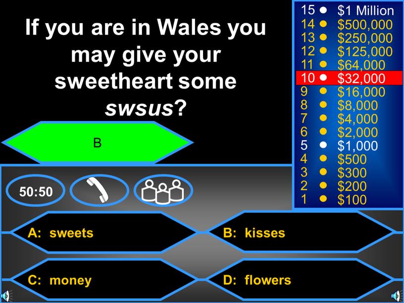 A: sweets C: money B: kisses