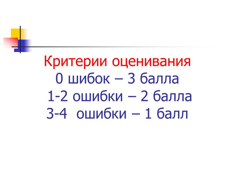 Критерии оценивания 0 шибок – 3 балла 1-2 ошибки – 2 балла 3-4 ошибки – 1 балл