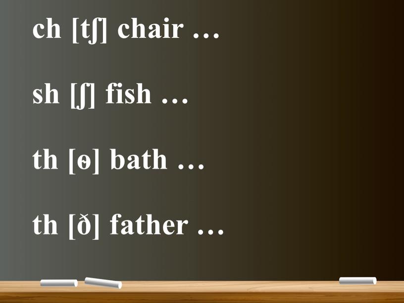 ch [tʃ] chair … sh [ʃ] fish … th [ѳ] bath … th [ð] father …