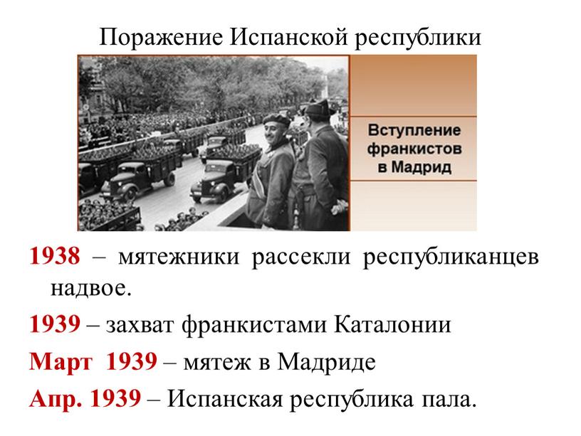 Поражение Испанской республики 1938 – мятежники рассекли республиканцев надвое