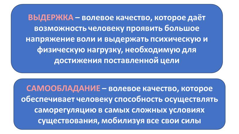 ВЫДЕРЖКА – волевое качество, которое даёт возможность человеку проявить большое напряжение воли и выдержать психическую и физическую нагрузку, необходимую для достижения поставленной цели