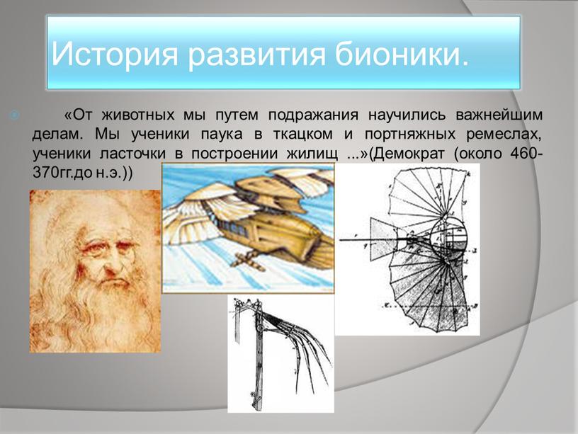 История развития бионики. «От животных мы путем подражания научились важнейшим делам