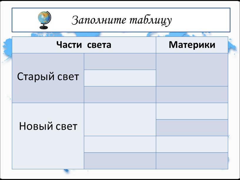 Заполните таблицу Части света