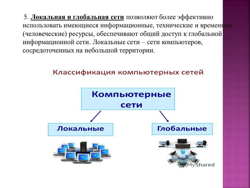 Локальная и глобальная сети позволяют более эффективно использовать имеющиеся информационные, технические и временные (человеческие) ресурсы, обеспечивают общий доступ к глобальной информационной сети