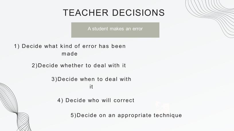 TEACHER DECISIONS 1) Decide what kind of error has been made 2)Decide whether to deal with it 3)Decide when to deal with it 4)