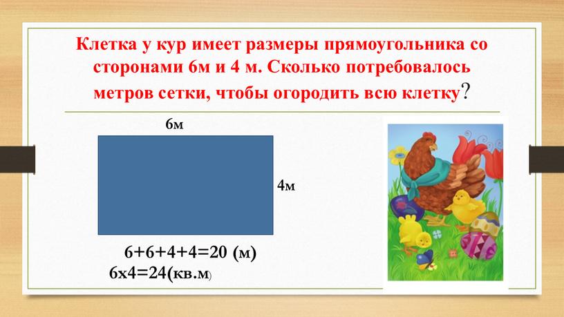 Клетка у кур имеет размеры прямоугольника со сторонами 6м и 4 м