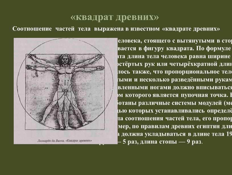 Тело человека, стоящего с вытянутыми в стороны руками, вписывается в фигуру квадрата