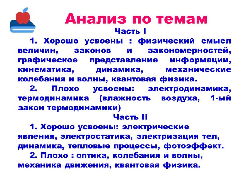 Анализ по темам Часть I 1. Хорошо усвоены : физический смысл величин, законов и закономерностей, графическое представление информации, кинематика, динамика, механические колебания и волны, квантовая…