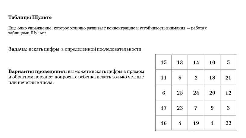 Таблицы Шульте Еще одно упражнение, которое отлично развивает концентрацию и устойчивость внимания — работа с таблицами