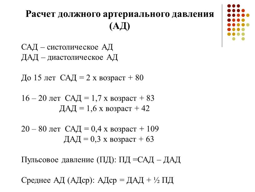 Расчет должного артериального давления (АД)