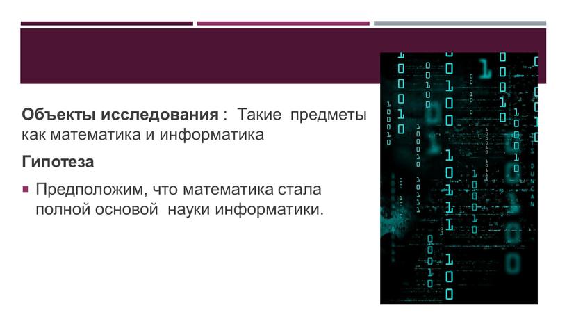 Объекты исследования : Такие предметы как математика и информатика