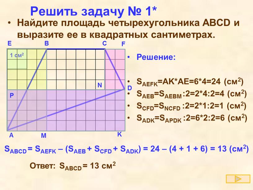Решить задачу № 1* Найдите площадь четырехугольника