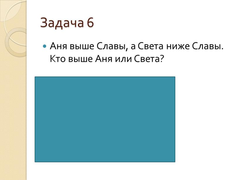 Задача 6 Аня выше Славы, а Света ниже