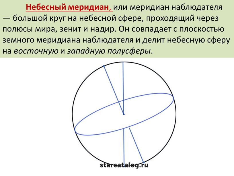 Небесный меридиан , или меридиан наблюдателя — большой круг на небесной сфере, проходящий через полюсы мира, зенит и надир