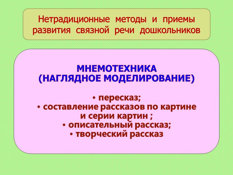 МНЕМОТЕХНИКА (НАГЛЯДНОЕ МОДЕЛИРОВАНИЕ) • пересказ; • составление рассказов по картине и серии картин ; • описательный рассказ; • творческий рассказ