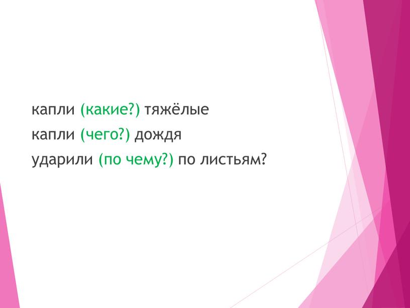 капли (какие?) тяжёлые капли (чего?) дождя ударили (по чему?) по листьям?