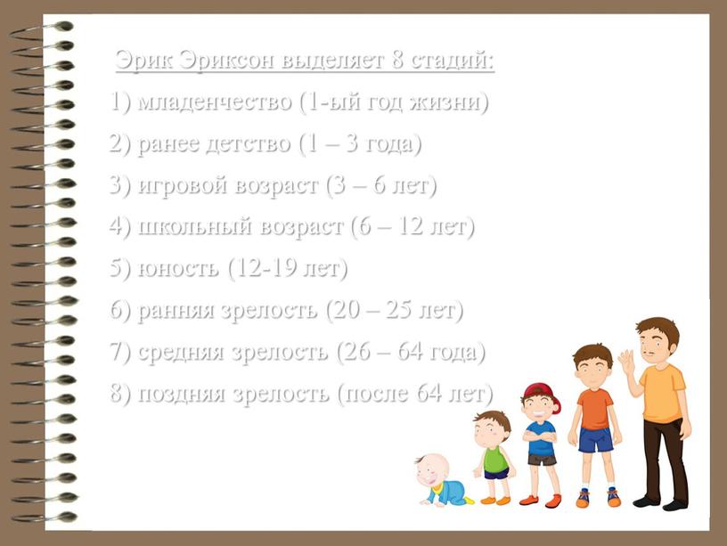 Эрик Эриксон выделяет 8 стадий: 1) младенчество (1-ый год жизни) 2) ранее детство (1 – 3 года) 3) игровой возраст (3 – 6 лет) 4)…