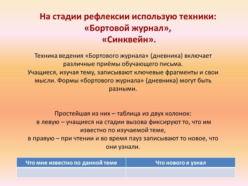 На стадии рефлексии использую техники: «Бортовой журнал», «Синквейн»