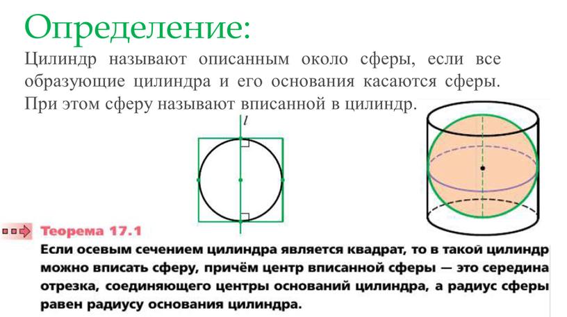 Цилиндр называют описанным около сферы, если все образующие цилиндра и его основания касаются сферы