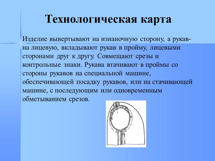 Технологическая карта Изделие вывертывают на изнаночную сторону, а рукав- на лицевую, вкладывают рукав в пройму, лицевыми сторонами друг к другу