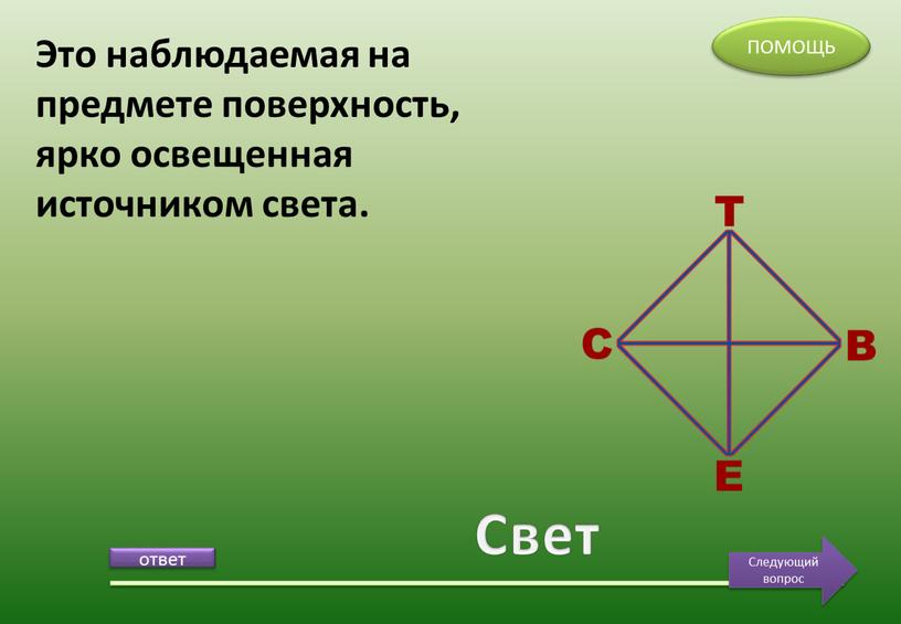 Свет Это наблюдаемая на предмете поверхность, ярко освещенная источником света