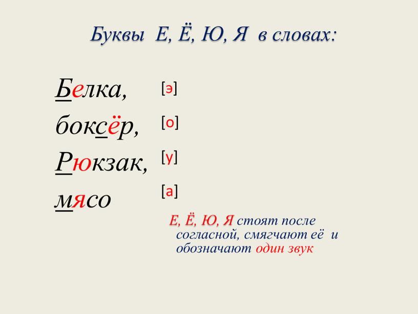 Буквы Е, Ё, Ю, Я в словах: Б елка, боксёр,