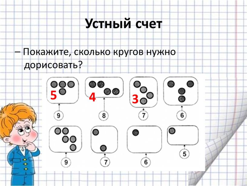 Устный счет – Покажите, сколько кругов нужно дорисовать? 5 4 3